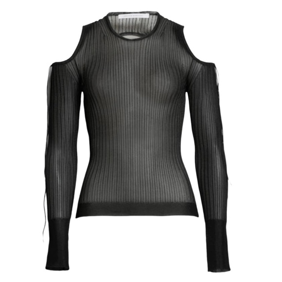 NWT Cecilie Bahnsen Black Cold Shoulder Stretch Ribbed Knit Tie Back Top-Sz XS/S - Picture 7 of 13